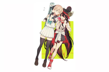 HD PC wallpaper of Fate/Grand Order's Oda Nobukatsu and Saber (Fate series): two anime girls, one in a white sailor outfit and thigh-highs, the other in black-red attire, neon yellow background.