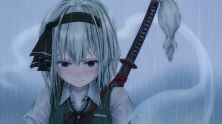HD PC desktop wallpaper featuring Youmu Konpaku from Touhou, depicted in an anime style standing in the rain with a sword on her back.