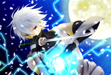 HD desktop wallpaper featuring Kakashi Hatake from Naruto, using Chidori under a bright full moon with electric blue lightning illuminating the scene.