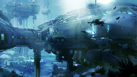 HD PC desktop wallpaper from the video game Halo 5: Guardians, featuring an underwater scene with futuristic structures and marine life.