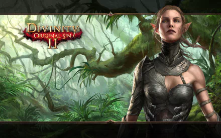 4K Ultra HD PC wallpaper for Divinity: Original Sin II: an elven warrior in leather armor stands in a misty, overgrown jungle; game logo top-left.