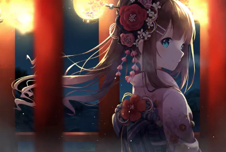 An anime character with long hair and blue eyes wearing a kimono with a bow gazes into the night, illuminated by lanterns. The HD wallpaper captures a serene moment with intricate details.