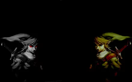 HD PC desktop wallpaper featuring Dark Link and Link from the video game The Legend of Zelda: Twilight Princess, set against a black background with striking contrast.