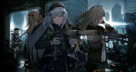 HD desktop wallpaper featuring UMP9, UMP45, G11, and HK416 from the video game Girls Frontline standing in a futuristic, dystopian urban setting armed with weapons.
