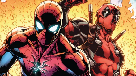 HD comic wallpaper featuring Spider-Man and Deadpool striking dynamic poses, showcasing the iconic Spiderman vs Deadpool rivalry.