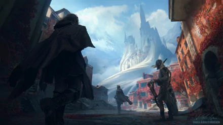 Fantasy warriors, including an archer, stand in a medieval town with houses and a towering castle in the distance under a bright, cloudy sky in this HD desktop wallpaper.