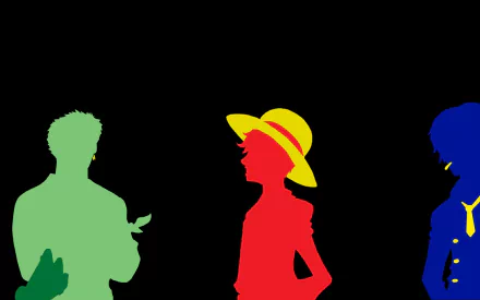 Minimalist HD One Piece desktop wallpaper of the Monster Trio silhouettes: green Roronoa Zoro, red Monkey D. Luffy with straw hat, and blue Sanji on black background.