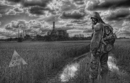 HD black-and-white wallpaper showing a lone figure in protective gear near the Chernobyl nuclear plant, inspired by the S.T.A.L.K.E.R. video game atmosphere.