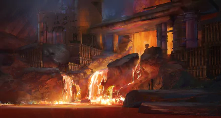 A fantasy landscape featuring a fiery factory with glowing lava flows cascading through an industrial setting, designed as an HD PC desktop wallpaper.