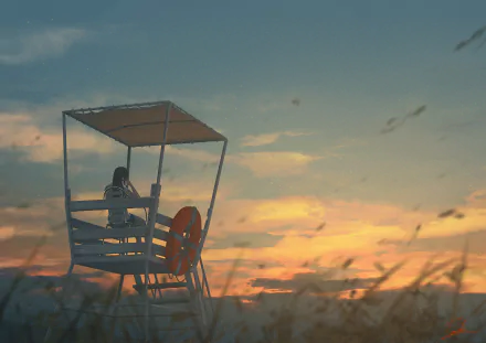 Anime original HD PC desktop wallpaper/background: lone figure sits on a lifeguard chair with an orange buoy, silhouetted against a golden sunset over grassy dunes and birds.