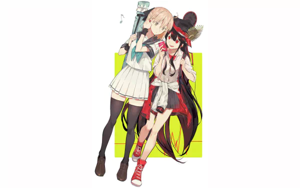 HD PC wallpaper of Fate/Grand Order's Oda Nobukatsu and Saber (Fate series): two anime girls, one in a white sailor outfit and thigh-highs, the other in black-red attire, neon yellow background.