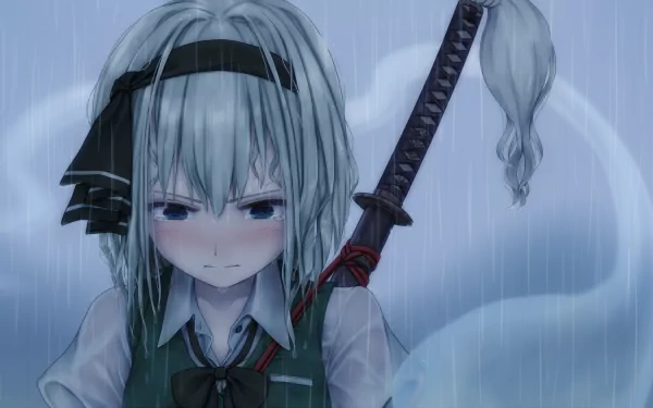 HD PC desktop wallpaper featuring Youmu Konpaku from Touhou, depicted in an anime style standing in the rain with a sword on her back.