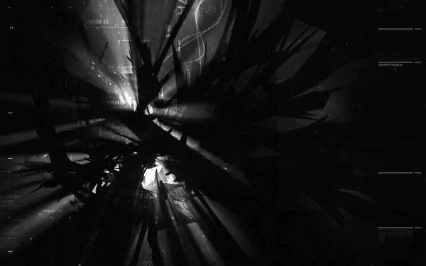 An abstract black HD desktop wallpaper featuring dynamic light rays and intricate patterns, creating a captivating and modern aesthetic.