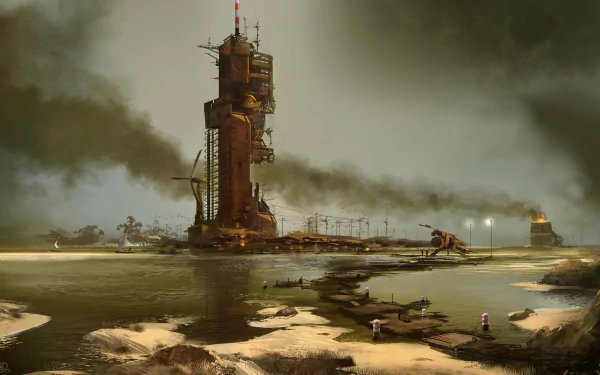aircraft wind turbine smoke Sci Fi building HD Desktop Wallpaper | Background Image