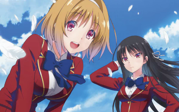 HD desktop wallpaper featuring anime characters Kikyō Kushida and Suzune Horikita from Classroom of the Elite, against a bright blue sky with scattered clouds and floating feathers.