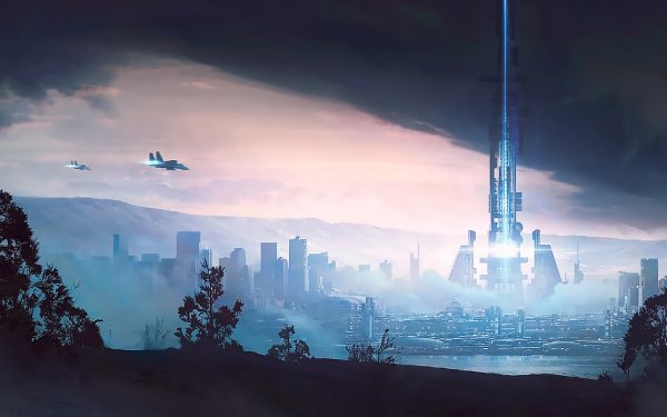 Sci Fi City Building Aircraft Skyscraper Jet Fighter HD Wallpaper | Background Image