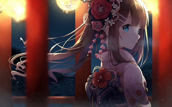 Anime Original Blue Eyes Long Hair Kimono Lantern Night bow HD Wallpaper | Background Image