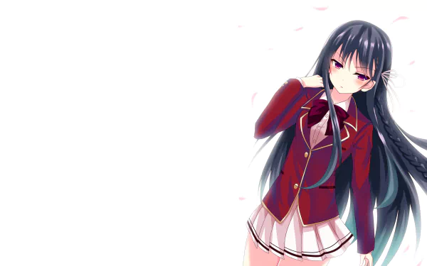 Anime character Suzune Horikita from Classroom of the Elite in a school uniform, with long hair and purple eyes, set against a minimalist HD desktop wallpaper background.