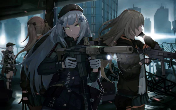 HD desktop wallpaper featuring UMP9, UMP45, G11, and HK416 from the video game Girls Frontline standing in a futuristic, dystopian urban setting armed with weapons.