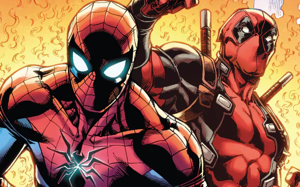 HD comic wallpaper featuring Spider-Man and Deadpool striking dynamic poses, showcasing the iconic Spiderman vs Deadpool rivalry.