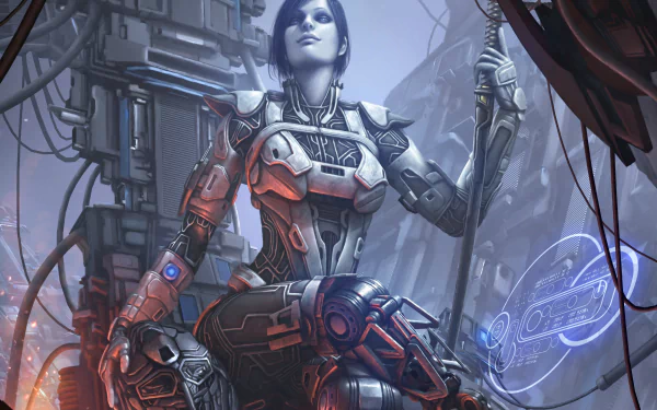 A 4K Ultra HD sci-fi wallpaper showcasing a purple-haired woman warrior cyborg in futuristic armor and helmet, set against a high-tech, industrial background.