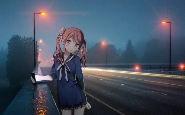 HD PC desktop wallpaper featuring an original anime character from 5 Nenme no Houkago standing on a dimly lit roadside at night with street lamps glowing in the background.