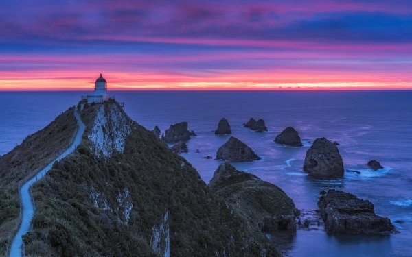 Man Made Lighthouse Path Ocean Horizon Sunset Sky Coast HD Wallpaper | Background Image