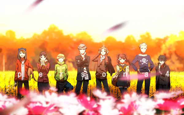 HD wallpaper featuring characters from Persona 4 Golden: Naoto Shirogane, Kanji Tatsumi, Rise Kujikawa, Yousuke Hanamura, Yu Narukami, Chie Satonaka, Yukiko Amagi, and Teddie, set against a vibrant autumn background.