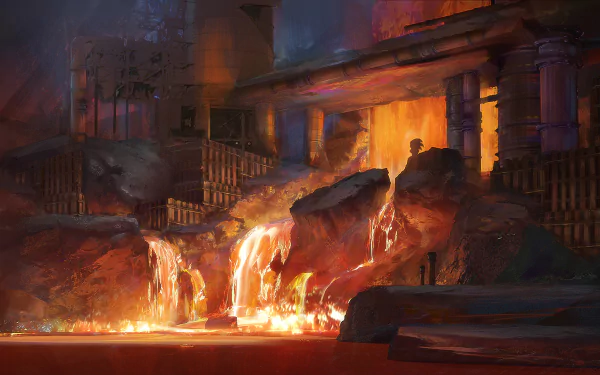 A fantasy landscape featuring a fiery factory with glowing lava flows cascading through an industrial setting, designed as an HD PC desktop wallpaper.