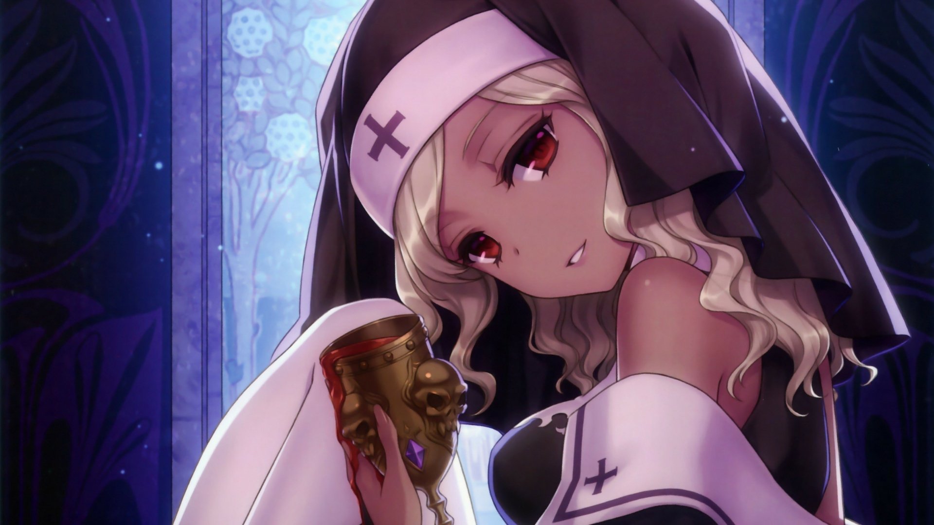 Original anime 2K Quad HD wallpaper: a nun-like blonde with red eyes and wavy hair holds an ornate golden chalice before a gothic stained-glass window.