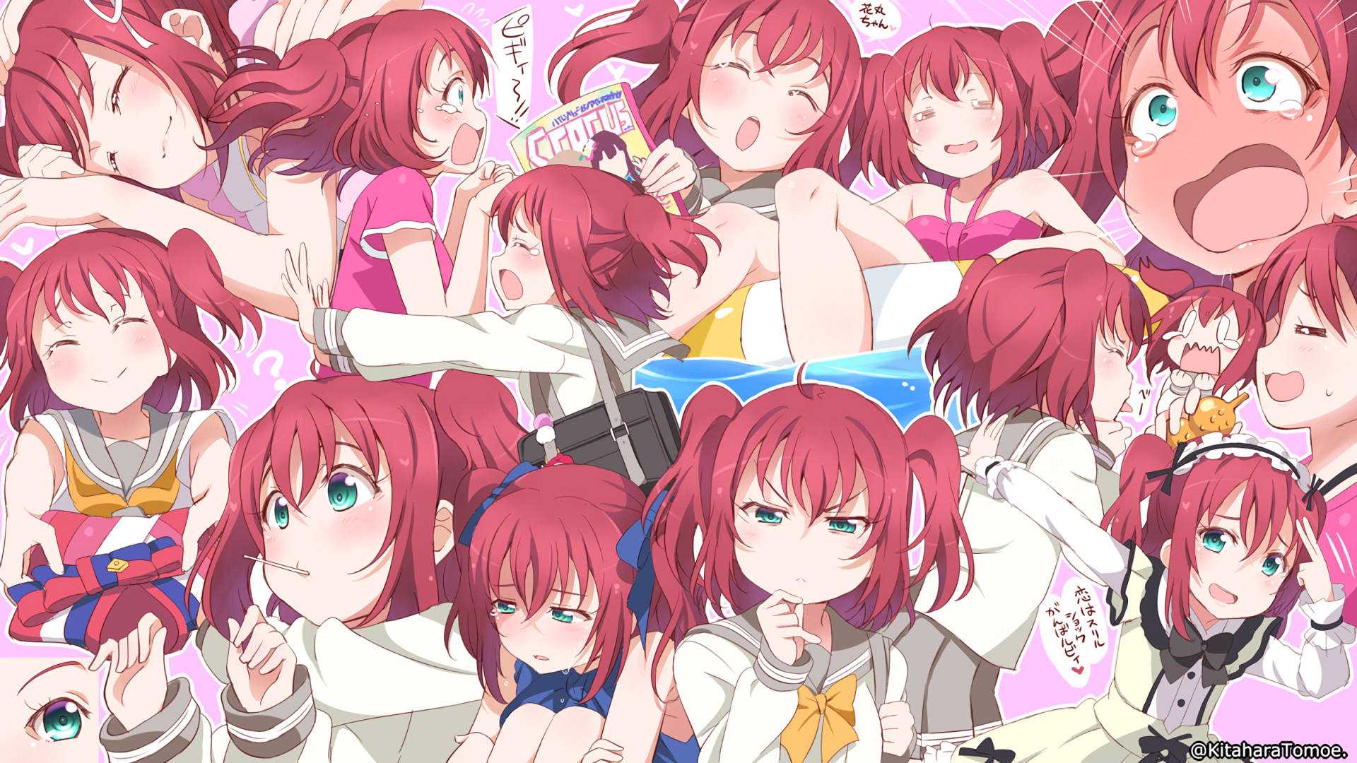 HD PC desktop wallpaper featuring multiple expressive anime illustrations of Ruby Kurosawa from Love Live! Sunshine!! in vibrant colors.