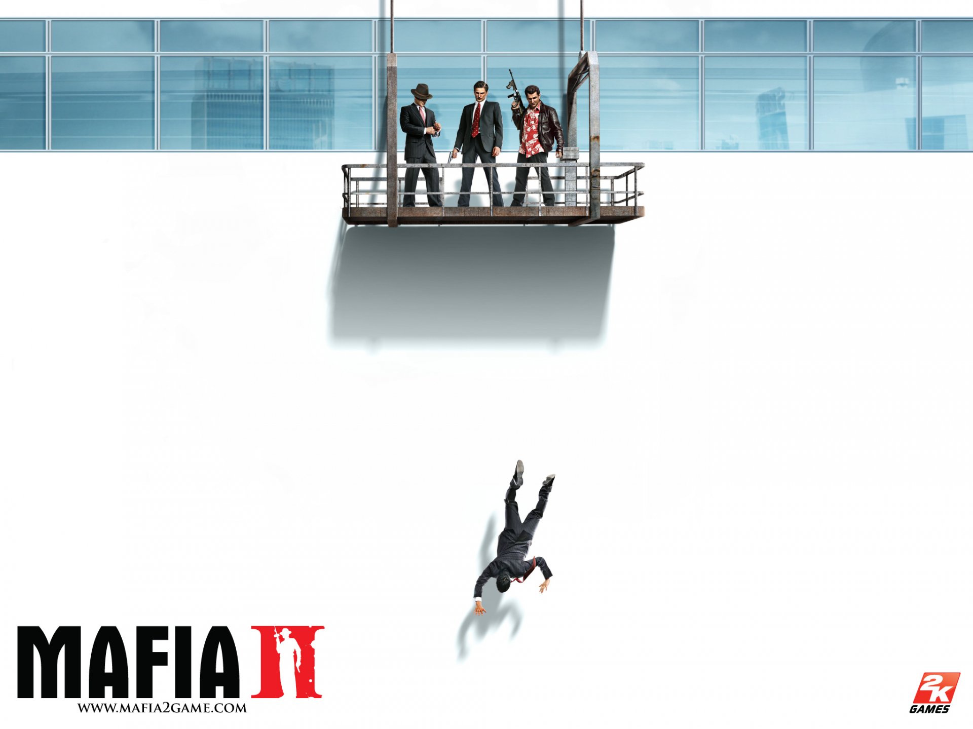 HD PC desktop wallpaper featuring a dramatic scene from the video game Mafia: The City of Lost Heaven, showing three men overlooking another falling from a height.
