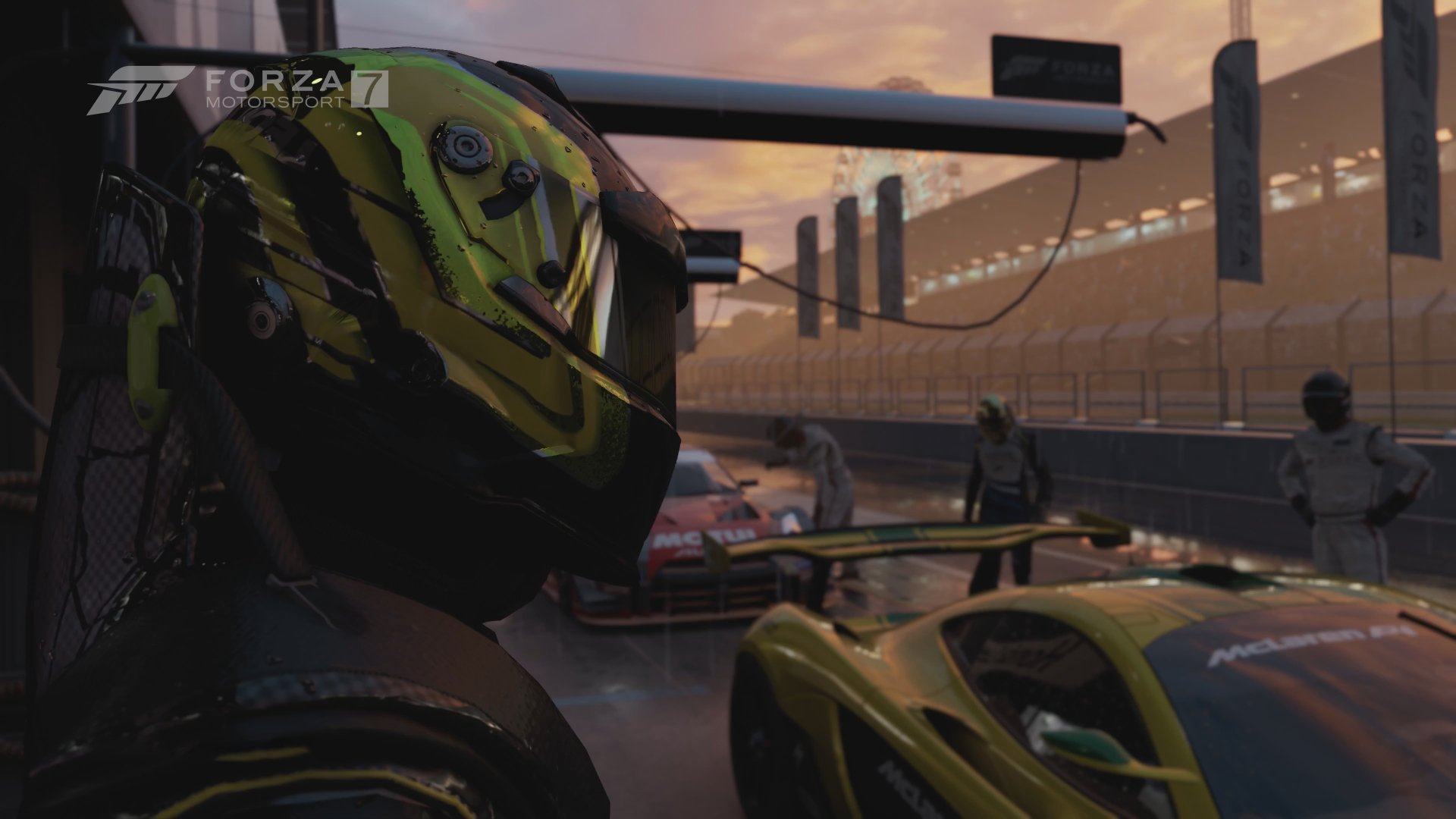 Forza Motorsport 7 video game: driver in helmet next to a green race car in the pit lane at dusk — 4K Ultra HD PC desktop wallpaper and background.