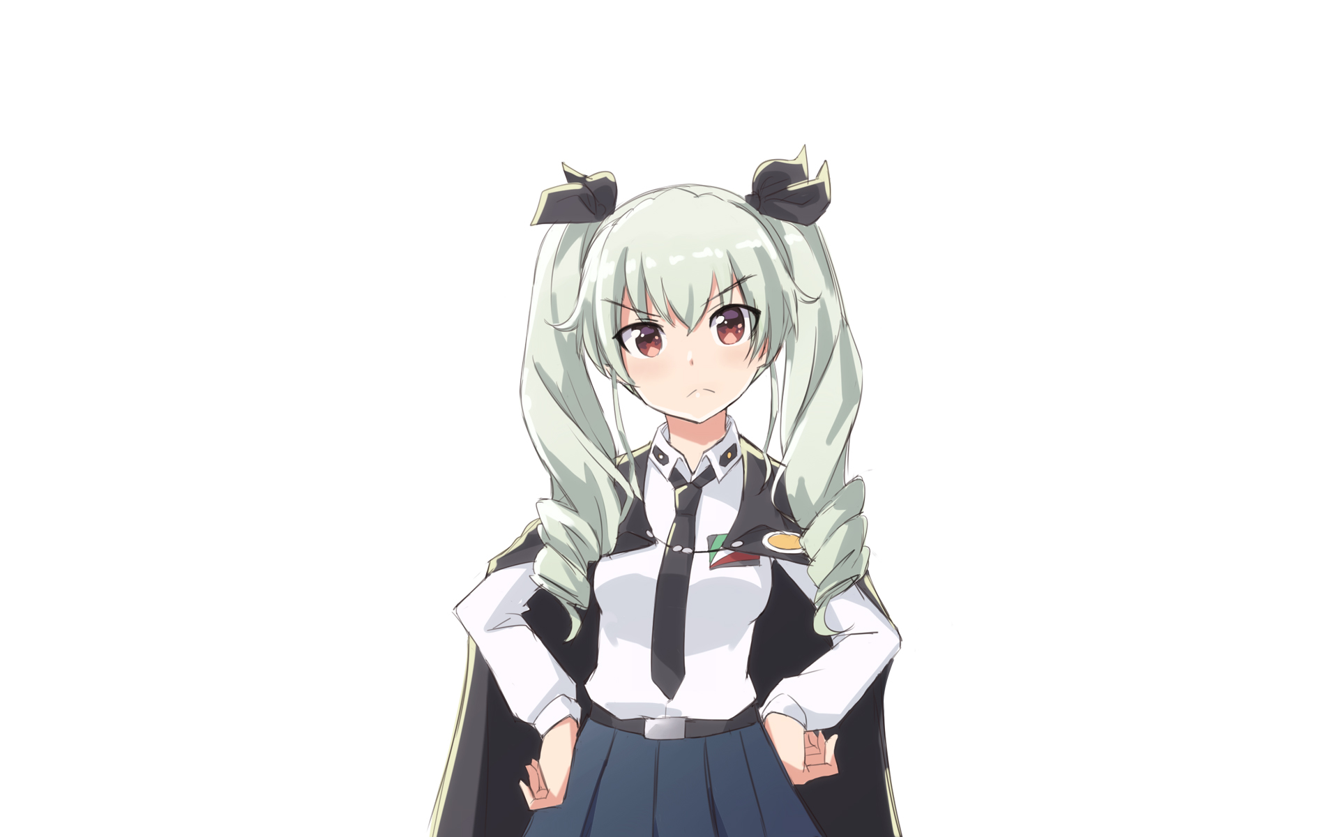 HD PC desktop wallpaper featuring Anchovy from the anime Girls und Panzer in her school uniform with twin tails and a confident pose.