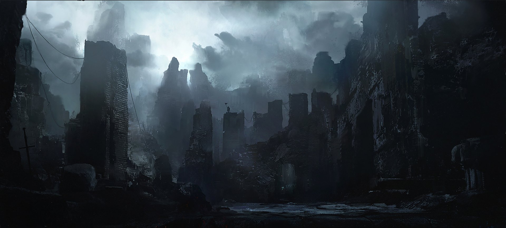 A high-definition desktop wallpaper depicting a post-apocalyptic sci-fi cityscape with towering, crumbling skyscrapers against a backdrop of ominous, dark clouds.