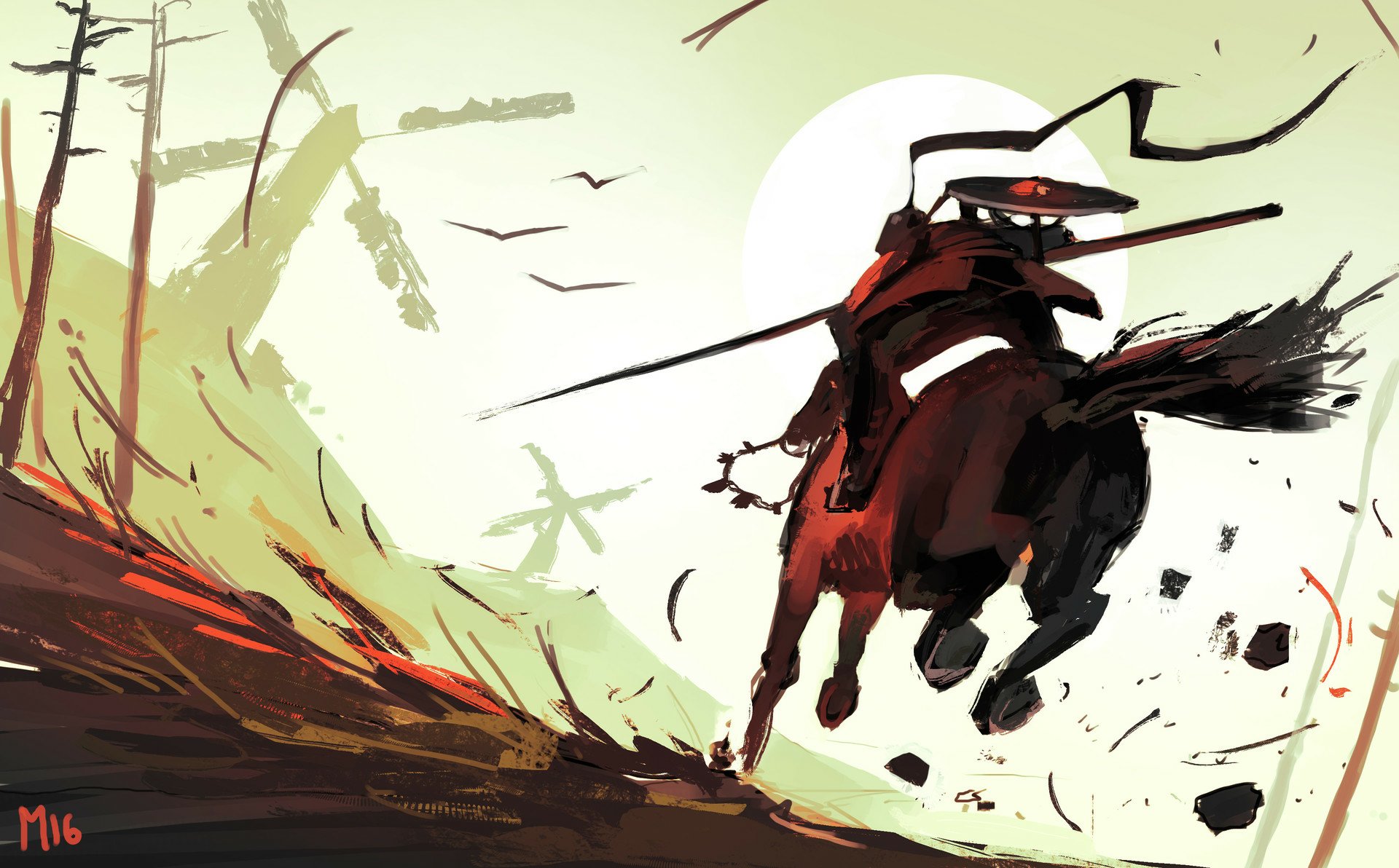 A fantasy warrior on horseback wields a spear, charging towards windmills with the sun setting in the background, depicted in an HD desktop wallpaper.