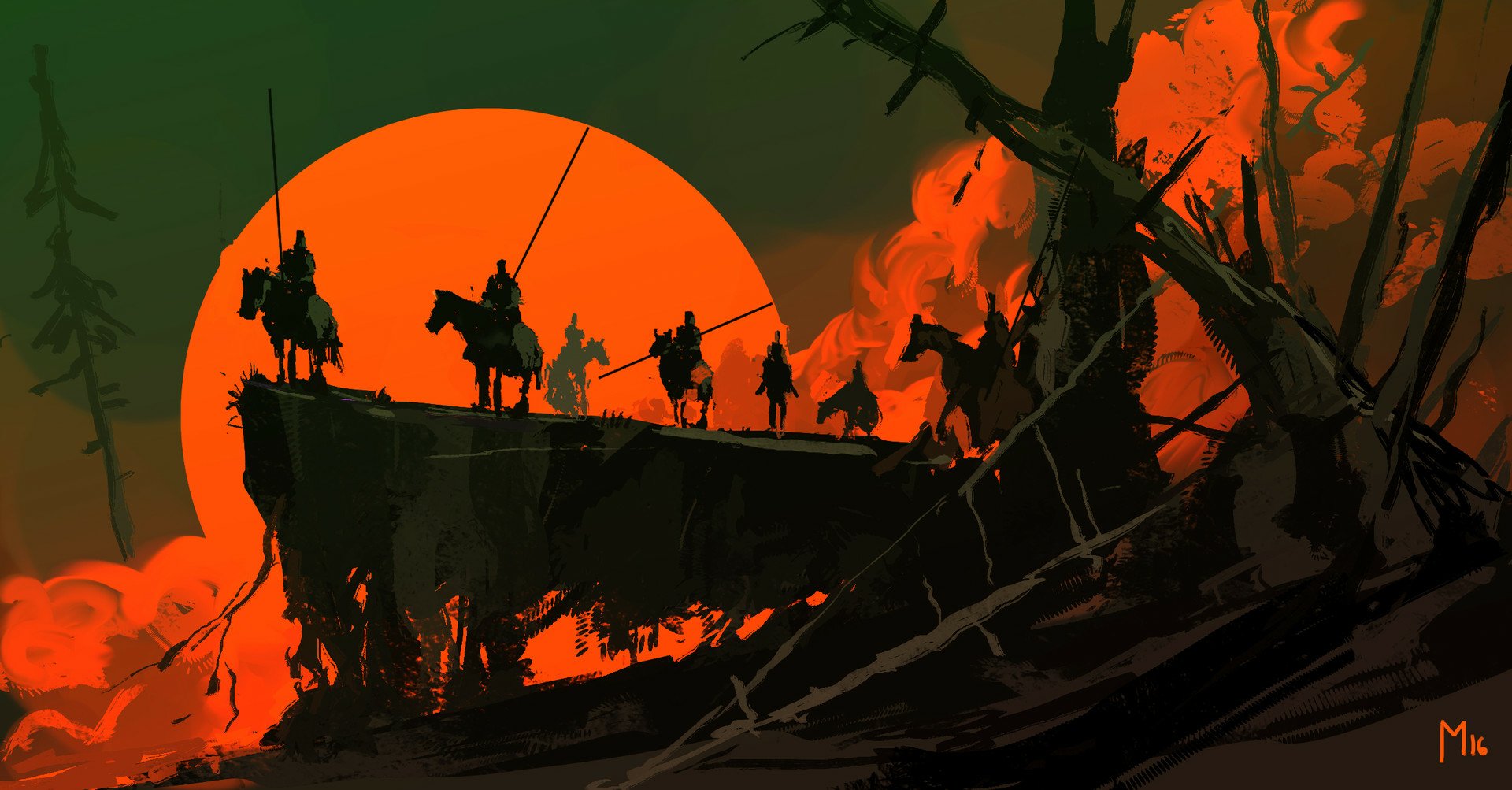 Dark fantasy warriors on horseback silhouetted against a massive orange moon, set against a dramatic night sky. This HD wallpaper captures a captivating and adventurous scene.