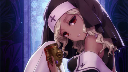 Original anime 2K Quad HD wallpaper: a nun-like blonde with red eyes and wavy hair holds an ornate golden chalice before a gothic stained-glass window.