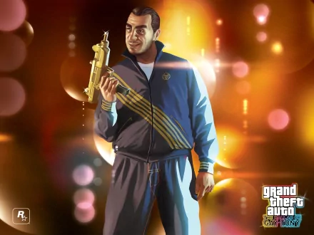 HD PC desktop wallpaper featuring a character from the video game Grand Theft Auto: The Ballad of Gay Tony holding a golden weapon against a vibrant, blurred background.