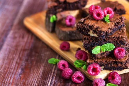 Close-up of rich chocolate brownies topped with fresh raspberries and mint leaves on a wooden board, captured in stunning 4K Ultra HD for a vibrant dessert wallpaper.