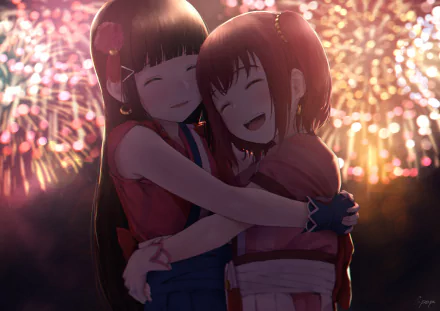HD anime desktop wallpaper featuring Dia Kurosawa and Ruby Kurosawa from Love Live! Sunshine!! embracing with a fireworks display in the background.