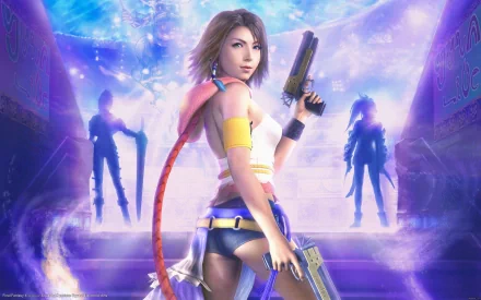 A vibrant HD wallpaper from Final Fantasy X-2, featuring a confident protagonist wielding a gun, set against a mystical background with silhouettes of allies.