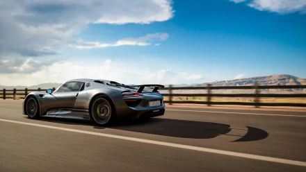 HD wallpaper featuring a Porsche 918 Spyder driving on a scenic road in Forza Motorsport's Forza Horizon 3 video game. Crisp graphics highlight the car's sleek design and dynamic environment.
