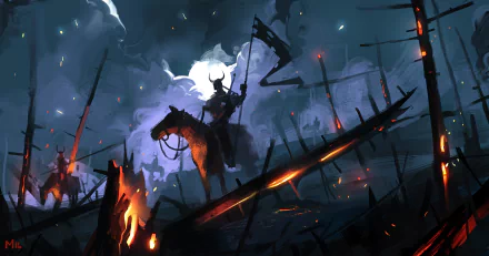 A fantasy warrior on a horse under a moonlit night, holding a banner amidst a dramatic, burning battlefield. HD desktop wallpaper and background.