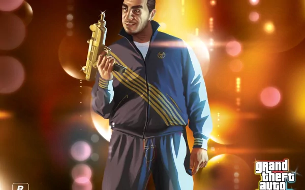 HD PC desktop wallpaper featuring a character from the video game Grand Theft Auto: The Ballad of Gay Tony holding a golden weapon against a vibrant, blurred background.