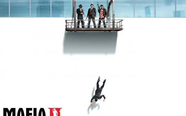 HD PC desktop wallpaper featuring a dramatic scene from the video game Mafia: The City of Lost Heaven, showing three men overlooking another falling from a height.