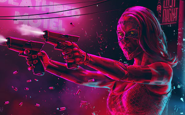 A neon-lit cyberpunk scene features a cyborg woman wielding pistols, set against a backdrop of a futuristic motel, embodying a thrilling sci-fi atmosphere.
