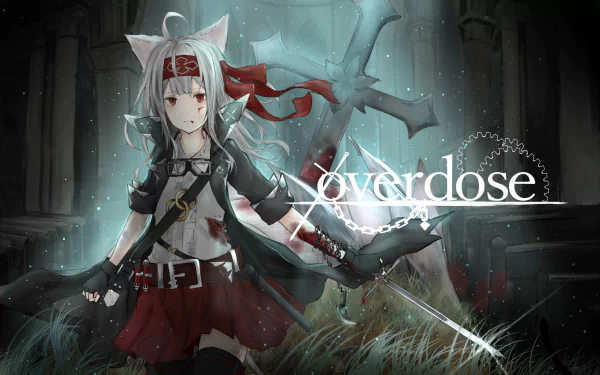 HD PC desktop wallpaper, original anime nekomimi with long white hair wielding a sword, red scarf and skirt, standing in a ruined temple beneath the overdose logo.