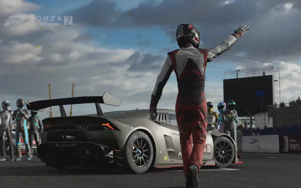 4K Ultra HD PC desktop wallpaper of a Lamborghini Huracan race car in the Forza Motorsport 7 video game — driver raises an arm beside the Lamborghini on the grid.