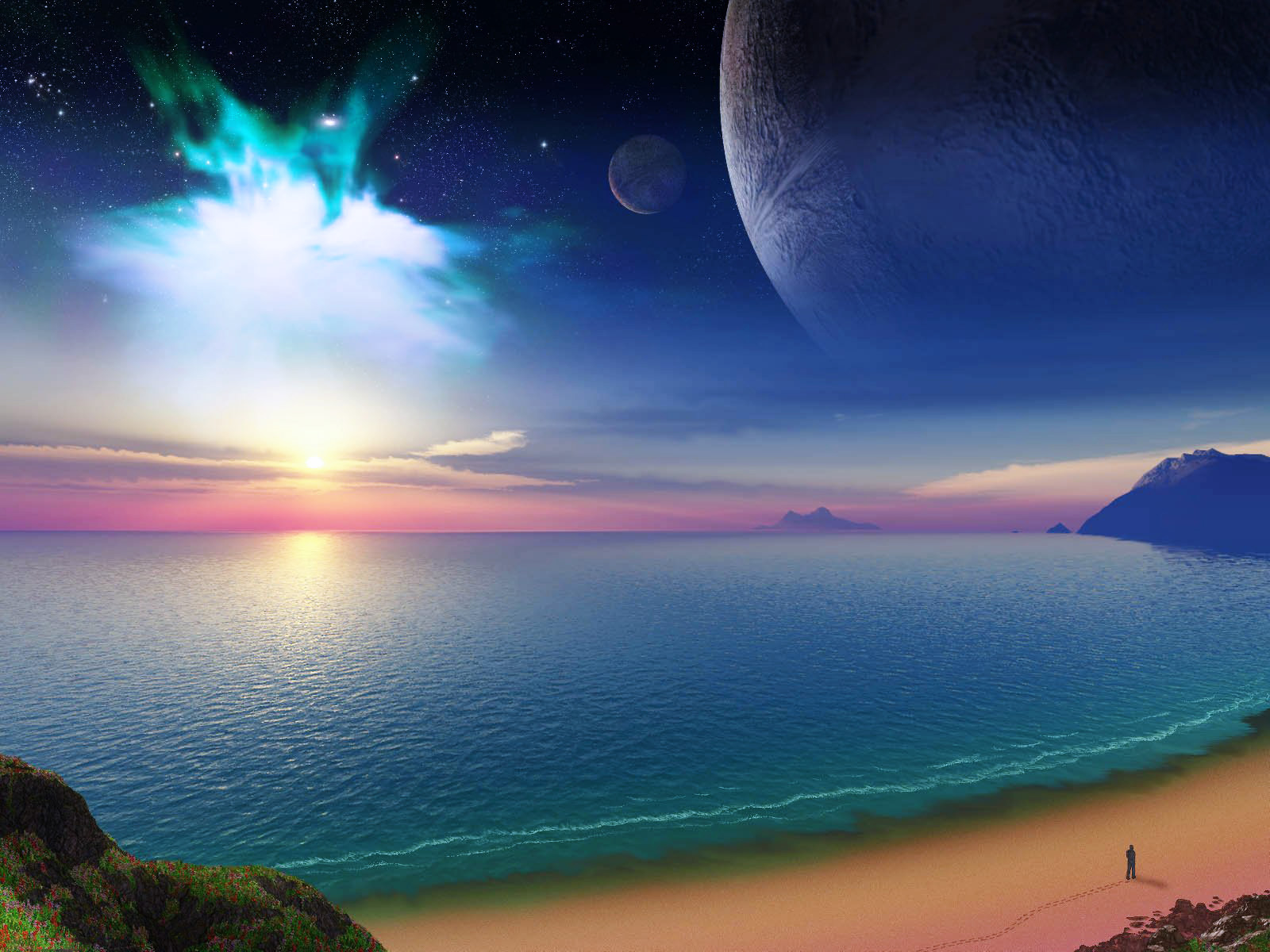 Fantasy ocean beach with a glowing sun and planet.